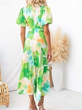 abordables Robes Floraux Imprimés-Femmes Robe Midi Robe Fleurie Robe bohème Robe Imprimée Mode Moderne Vacances Fête Sortir Coupe régulière Fleur Manche Courte Col en V Bleu Vert Été