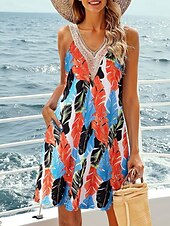 ieftine Rochii casual florale-Pentru femei Rochie Mini Rochie A line Rochie Slip Vacanță Casual Stiluri de Plajă Fără mâneci Concediu Dată Plajă Fit regulat Grafic Fără manșon În V apa albastra Negru Verde Deschis Roșu-aprins Vară
