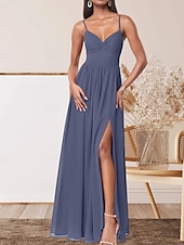 abordables Robes de demoiselle d&#039;honneur-Robe de demoiselle d&#039;honneur trapèze, col en V, sans manches, élégante, longueur au sol, en mousseline extensible avec plis / devant fendu / froncé 2025