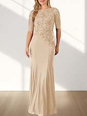 voordelige Vloerlengte-Zeemeermin  Trompet Moeder Van De Bruid Jurk Bruiloft Gast Elegante Crew Hals Vloerlengte Chiffon Halve Mouw Met Applicaties