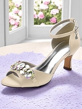 cheap Cocktail-Women&#039;s Black Satin Open Toe Heels with Ankle Strap and Crystal Gemstone Embellishment- Elegant Mid Heel Sandals for Cocktail Party &amp; Evening Wedding Reception and Formal Events
