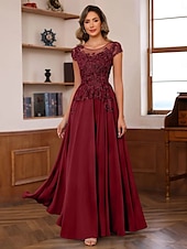 cheap Floor Length-Blue Red A-Line Mother of the Bride Dress Elegant Luxurious Boat Neck Floor Length Chiffon Lace Short Sleeve with Tier Cascading Ruffles 2025