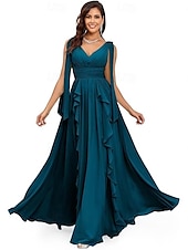 baratos Vestidos de Noite-Vestidos de Quinceanera A-Line Vestido Elegante Performance Natal Comprimento do Chão Sem Mangas Decote V Chiffon Costas Nuas com Pregas