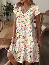 halpa Kukkaiset mekot-Naisten Mini Mekko A-Linjainen MekkoT-paita Mekko Tee Mekko Kesämekko Lomamukava Ranta Loma Päivittäinen Ulkona Normaalikoko Kukka Grafiikka Lyhythihainen V-kaula-aukolla Valkoinen Keltainen Kesä