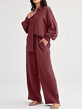 abordables Ensembles-Femmes Actif Mode Chemises en coton et lin Ensembles en coton et lin Chemisier manche longue Col de chemise Couleur Unie Dubbele Rij Knopen Fête Décontracté Quotidien Noir Ivoire Vin Été Coupe