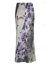 preiswerte Grafische Röcke-Damen Rock Gerade Mode Boho Maxi Mittlere Hüfthöhe Röcke Blumen Druck Mikroelastisch Straße Ausgehen Grau Sommer Polyester