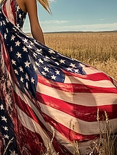  Vestito maxi patriottico da donna per il Giorno dell'Indipendenza abito a linea abito scivolato vacanza casual boho spiaggia vestibilità formale grafica bandiera vintage maniche senza maniche scollo