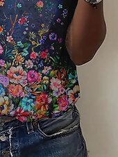 abordables T-shirt floral-Femmes T-shirt Hauts d&#039;été Fleuri Graphique Classique Occasionnel Manche Courte Col en V Hauts courts Quotidien Week-end Imprimé Bleu Été Printemps Automne