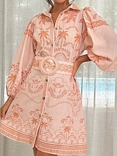 preiswerte bedruckte Kleider aus Baumwolle und Leinen-Damen Langes Kleid Maxikleid Baumwoll-Leinen-Kleider Freizeitkleid Mode Outdoor Party Ferien Normale Passform Blume Langarm Hemdkragen Rosa Blau Sommer