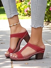economico Sandali Comodi-sandali da donna con cinturino a T rosso - tacco comodo e design traforato, ideali per abbigliamento casual ed eventi estivi alla moda