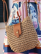 tanie Torby na ramię-damska pleciona słomiana torba typu crossbody ze skórzanym paskiem - szykowna torebka w stylu boho na lato, plażę i niezobowiązujące wyjścia