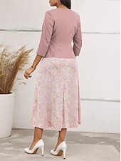 billige Cocktailkjoler-To-del A-Line cocktailkjoler Elegant Formell Bryllupsgjest Te Lengde Lang Erme Firkantet Hals Konvertibel Nylon Lomme