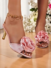 abordables Officiel-Escarpins de mariage à bout ouvert en satin pour femmes avec accents dorés et détails roses - chaussures de mariée élégantes pour les occasions spéciales