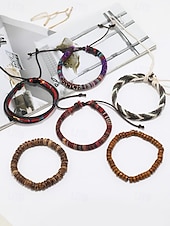 levne Pánské šperky-Pánská sada vícevrstvých pletených korálkových náramků v boho stylu, různé materiálové provedení - dřevo, kůže a provaz, kmenový styl, plážové a běžné nošení