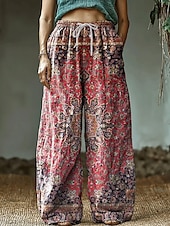 cheap Wide Leg &amp; High Waisted-Women&#039;s Wide Leg Chinos Baggy Pants Vacation Vintage Ethnic Style Full Length High Waist Floral Graphic Printing Thermal Warm Breathable Soft Micro-elastic Vacation Street Causal claret Deep Green