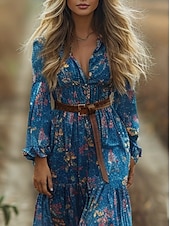 abordables Robes Bohémiennes-Femmes Robe Longue Maxi Robe Robe Décontractée Robe évasée Robe d&#039;été Robe bohème ancien Vacances Quotidien Fête Coupe régulière Fleuri manche longue Col en V Bleu Été