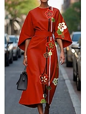preiswerte Druck Blumen Kleider-Damen Langes Kleid Maxikleid Freizeitkleid Sommerkleid Mode Modern Täglich Date Wochenende Normale Passform Blumen Geometrisch Dreiviertelarm Rundhalsausschnitt Rosa Rote Blau Khaki Sommer