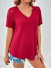 ieftine tricou simplu-Pentru femei Tricou Simplu Modă Stilat Modern Manșon scurt În V Topuri obișnuite Zilnic Sfârșit de săptămână Dantelă Peteci Negru Alb Roșu-aprins Trifoi Vară