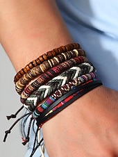 levne Pánské šperky-Pánská sada vícevrstvých pletených korálkových náramků v boho stylu, různé materiálové provedení - dřevo, kůže a provaz, kmenový styl, plážové a běžné nošení