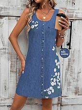ieftine rochie florală-Pentru femei Rochie Mini Rochie de Vară Rochie A line Rochie de vară Vacanță Casual Zilnic Fit regulat Floral Grafic Fără manșon În U Bleumarin Albastru piscină Vară
