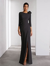 cheap GREEN-A-Line Evening Gown Elegant Dress Formal Wedding Floor Length Long Sleeve Crew Neck Detachable Stretch Crepe with Shouder Flower