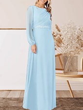 abordables Longueur du plancher-Robe A-Ligne pour Mère de la Mariée Invité de Mariage Élégante Col Arrondi Longueur Sol Chiffon Manches Longues avec Perles Ruché