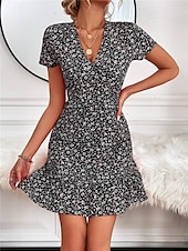 abordables Robes fleuries-Femmes Mini Robe Robe trapèze Occasionnel Extérieur Sortir Coupe Standard Fleuri Manche Courte Col en V Noir Rouge Bleu Abricot Été