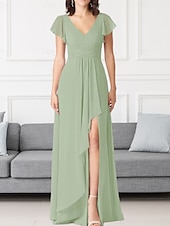 economico Abiti da damigella-Abito da damigella a trapezio, scollo a V, maniche lunghe, elegante, strascico a ruota in chiffon con pieghe e volant 2025