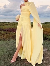 abordables JAUNE-Ligne A Robe de Soirée Élégant Robe Formel Mariage Longueur au sol Sans manches Épaules Dénudées Chiffon avec Froncé 2025