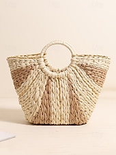 abordables Cabas et fourre-tout-Sac de plage élégant en paille tressée pour femme avec poignées circulaires, grande capacité, design bohème écologique, parfait pour l&#039;été, les vacances et les excursions d&#039;une journée