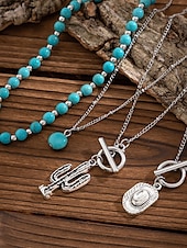 cheap Women&#039;s Necklace-Women&#039;s Western Layered Turquoise Beaded Necklace Set – Boho Statement Jewelry with Cactus &amp; Teardrop Charms, Ideal for Festivals, Country Concerts and Casual Wear