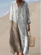 abordables Robes Rayés et Géométriques-Femmes Robe Midi Robe d&#039;Été Robe trapèze Vacances Occasionnel Boho Soirée Sortir Plage Graphique Géométrique Rayure manche longue Col en V Frêne Jaune Rose Claire Orange Été Printemps