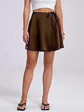 abordables Jupes unies-Jupe femme A ligne Couleur unie Mode Décontractée Mini Jupe taille haute Uni Plissé Micro-élastique Street Daily Noir Champagne Marron Vert Été Satin