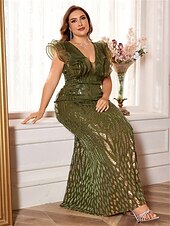 baratos Champanhe-Vestidos Sereia  Trompete Plus Size Vestido Elegante Curvas Formal Casamento Comprimento do Chão Sem Mangas Decote em V Com Lantejoulas com Lantejoulas