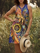 preiswerte Kunst &amp; Design Kleider-Damen Minikleid Sommerkleid Shiftkleid Schulterfreies Kleid Urlaub Lässig Outdoor Ausgehen Strand Normale Passform Blumen Grafik Tiermotiv Ärmellos V Ausschnitt Gelb Rote Königliches Blau Blau Sommer