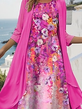 preiswerte Blumenkleid-Damen Kleid-Set Shiftkleid Sommerkleid Lässig Ombre Blumen Druck Midikleid Dreiviertelarm Rundhalsausschnitt Täglich Blau Purpur Fuchsie Sommer Frühling Normale Passform