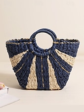 abordables Cabas et fourre-tout-Sac de plage élégant en paille tressée pour femme avec poignées circulaires, grande capacité, design bohème écologique, parfait pour l&#039;été, les vacances et les excursions d&#039;une journée