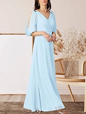 preiswerte Bodenlänge-A-Linie Brautmutterkleid Hochzeitsgast Elegant V Ausschnitt Bodenlang Chiffon Halbarm mit Raffung 2025