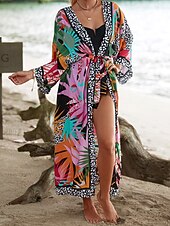 Недорогие Кафтаны-Жен. Купальники Накидка купальник галстук спереди тропический Одежда для пляжа Цветы V-образный вырез Длинный рукав Купальники