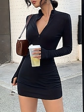 abordables Robe de cocktail-Femmes Mini Robe Robe Élégante Élégant Occasionnel Coupe ajustée Uni manche longue Col montant Noir Été