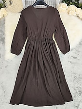 levne Boho šaty-Dámské Midi šaty Volnočasové šaty Bavlněné plátěné šaty Módní Moderní Dovolená Denní Víkend Běžný Bez vzoru Dlouhý rukáv Do V Hnědá Léto