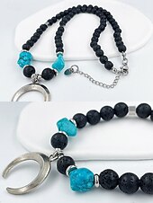 cheap Men&#039;s Jewelry-Men&#039;s Lava Rock Beaded Necklace with Turquoise and Crescent Moon Pendant - Boho Style, Adjustable Length, Unisex for Casual Wear, Outdoor and Daily Use