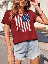 voordelige Onafhankelijkheidsdag Top-Vrouwen Blouse Vlag Stijlvol Casual Korte Mouw Crewneck Regelmatige Tops Dagelijks Print Zwart Rood Marineblauw Zomer