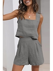 abordables Ensembles-Femmes Actif Basique Ensembles en coton et lin Sans manches Col carré Couleur Unie Décontracté Quotidien Noir Rose Claire Vert Véronèse Été Coupe régulière