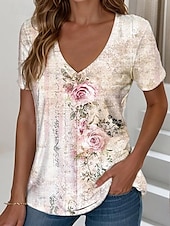 abordables T-shirt floral-Femmes T-shirt Fleuri Graphique ancien Élégant Classique Manche Courte Col en V Hauts Réguliers Quotidien Imprimé Bleu Violet Vert Blanc Ecru Été Printemps