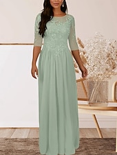baratos Comprimento do chão-Vestido para Mãe da Noiva em A Convidada de Casamento Elegante Decote Redondo Comprimento até o Chão Chiffon Manga Curta com Pregas e Apliques