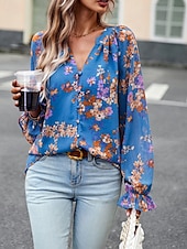 billige Boho topper-Dame Boho skjorte Bluse Blomsternål i krystall Moderne Bohem Langermet V-hals Vanlige topper Daglig Ut på byen Trykt mønster Svart Navyblå Blå Aprikos Sommer