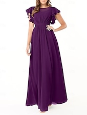 baratos Vestidos para Madrinhas-Vestido de dama de honra em corte A, gola redonda, manga longa, elegante, longo, chiffon com pregas / franzido 2025