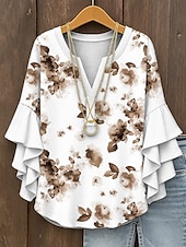 economico Top Floreali-Blusa da Donna con Maniche a Ruffle a Strati Grafica Floreale Elegante Bohemia Vintage Maniche a 3/4 Collo a V Maglietta Regolare Abbigliamento Estivo Primaverile per Vacanze Stampa Gialla Rossa Blu
