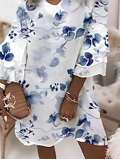 abordables Robes fleuries-Robe mini pour femme, robe trapèze, robe d&#039;été, robe bohème, soirée, coupe classique, volants superposés, manches 3/4, col en V, bleu clair, vert clair, violet, été